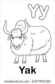 ABC Animal Alphabet Coloring Pages for educational activity, identify animals and read the words on each page, Y for Yak