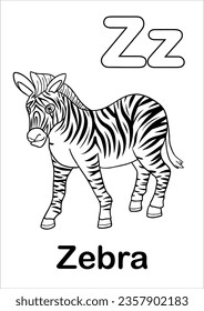 ABC Animal Alphabet Coloring Pages for educational activity, identify animals and read the words on each page, Z for Zebra