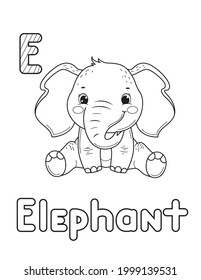 ABC animals coloring book. Animals alphabet. Vector cartoon elephant. Isolated on white background.