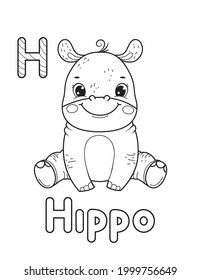 ABC animals coloring book. Animals alphabet. Vector cartoon hippopotamus. Isolated on white background.