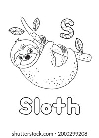 ABC animals coloring book. Animals alphabet. Vector cartoon sloth. Isolated on white background.