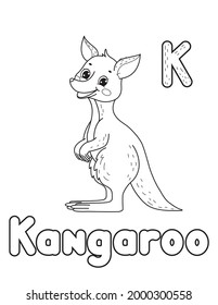 ABC animals coloring book. Animals alphabet. Vector cartoon kangaroo. Isolated on white background.