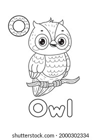 ABC animals coloring book. Animals alphabet. Vector cartoon owl. Isolated on white background.