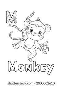 ABC animals coloring book. Animals alphabet. Vector cartoon monkey. Isolated on white background.