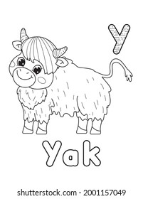 ABC animals coloring book. Animals alphabet. Vector cartoon yak. Isolated on white background.