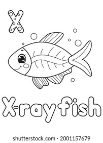 ABC animals coloring book. Animals alphabet. Vector cartoon x ray fish.