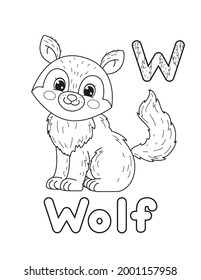 ABC animals coloring book. Animals alphabet. Vector cartoon wolf. Isolated on white background.