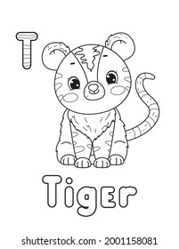 ABC animals coloring book. Animals alphabet. Vector cartoon tiger Isolated on white background.