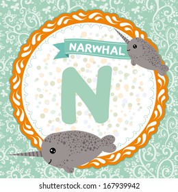 ABC animals N is narwhal. Childrens english alphabet. Vector