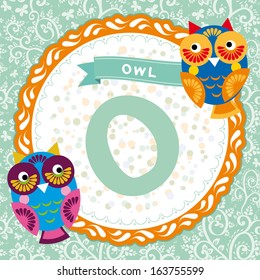 ABC animals: O is owl. Childrens english alphabet. Vector