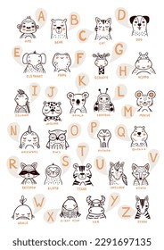 ABC con imágenes de animales ilustraciones vectoriales fijadas en fondo blanco. Alfabeto inglés gracioso para la educación de los niños de la escuela primaria