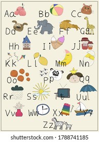 ABC animals and various objects vector illustration