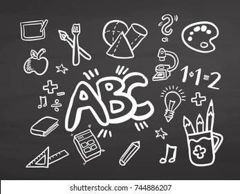 ABC Back to school doodles on chalkboard. Handdrawn vector sketch, clean outlines, vintage style blackboard.