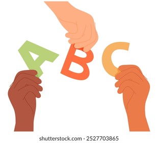 ABC, basic alphabet letters in hands icon. Arms holding A, B, C for kids education, learning, studying. Easy elementary for beginners. Flat graphic vector illustration isolated on white background