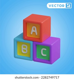 ABC block 3D vector icon set, on a blue background