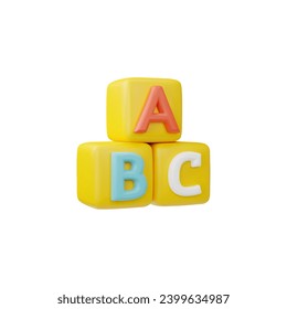 ABC blocks, cute children toys, volume render 3d vector illustration isolated on white background. Multi-colored realistic objects for game. Alphabet cubes, rendering isometric icon for kids design.