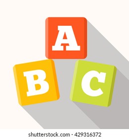 ABC blocks flat icon with long shadow. Alphabet cubes with A,B,C letters in flat.