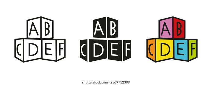 ABC blocks toy icon. Alphabet cubes vector illustration. Colorful children education ABC block symbol. Preschool reading learning sign. Cube with letter pictogram. Elementary toddler teaching concept.