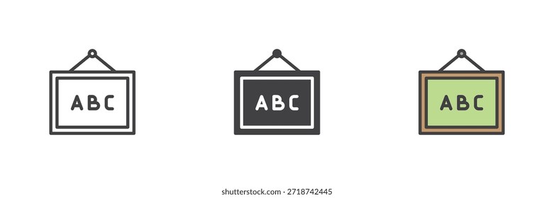 Ícone de educação da placa ABC definido em linha, sólido e preenchido esboço colorido estilo. Símbolo e sinal vetorial de aprendizagem de alfabeto. Ícone de educação para jardim de infância, pré-escola e ensino pré-escolar.
