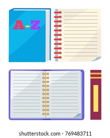 ABC book or copybook and spiral notebook with bookend vector illustration icons isolated on white background. Paper for writing in flat style