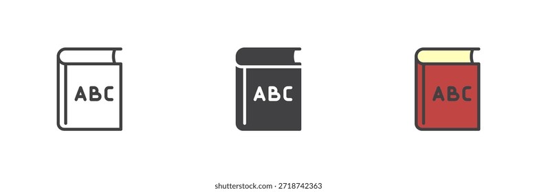Icono de educación del libro ABC establecido en línea, estilo colorido de contorno sólido y lleno. Letras aprendiendo Vector signo y símbolo. Icono de Educación para niños, preescolar y lecciones de lectura temprana.