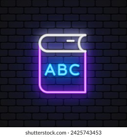 ABC book neon sign. Study book glowing icon. Vector illustration