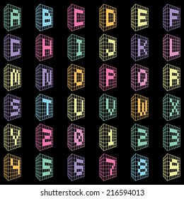 ABC. Building font icons with numbers. Multicolored version. Vector illustration.