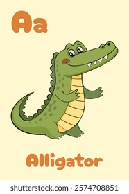 ABC card. Fun cartoon alligator illustration for teaching the alphabet. Perfect for children's learning materials and preschool educational content. Alphabet flash card for kids. Letter A. Vector