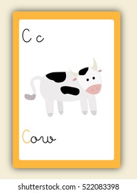ABC card, letter C. Word and picture. Alphabet tutorial cards collection. Vector colorful illustration cow. Cute children alphabet flash card. Kids abc education. Learning English vocabulary. 