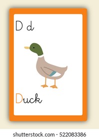 ABC card, letter D. Word and picture. Alphabet tutorial cards collection. Vector colorful illustration duck. Cute children alphabet flash card. Kids abc education. Learning English vocabulary. 