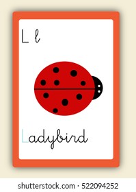 ABC Card, Letter L. Word and picture. Alphabet tutorial cards collection. Vector colorful illustration ladybird. Cute children alphabet flash card. Kids abc education. Learning English vocabulary. 