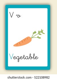 ABC Card, letter V. Word and picture. Alphabet tutorial cards collection. Vector colorful illustration Carrot. Cute children alphabet flash card. Kids abc education. Learning English vocabulary. 
