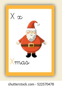 ABC card, letter X. Word and picture. Alphabet tutorial cards collection. Vector colorful illustration Santa Claus. Cute children alphabet flash card. Kids abc education. Learning English vocabulary. 