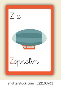 ABC Card, letter Z. Word and picture. Alphabet tutorial cards collection. Vector colorful illustration Zeppelin. Cute children alphabet flash card. Kids abc education. Learning English vocabulary. 