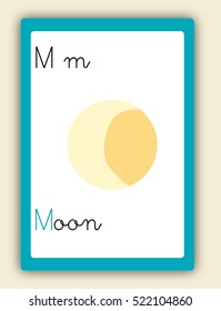ABC Card M. Word and picture. Alphabet tutorial cards collection. Vector colorful illustration Moon. Cute children alphabet flash card. Kids abc education. Learning English vocabulary. 
