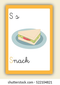 ABC Card S. Word and picture. Alphabet tutorial cards collection. Vector colorful illustration sandwich. Cute children alphabet flash card. Kids abc education. Learning English vocabulary. 