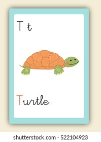 ABC Card T. Word and picture. Alphabet tutorial cards collection. Vector colorful illustration Turtle. Cute children alphabet flash card. Kids abc education. Learning English vocabulary. 