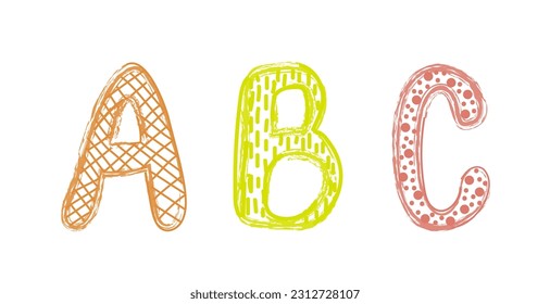 ABC, letras de dibujos animados de diferentes colores y decoración de patrones geométricos. Ilustración del vector aislada en fondo blanco