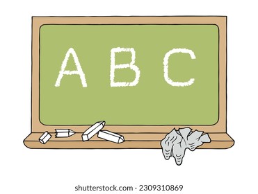 ABC Kreide schreibt an einer Schultafel. Zurück zur Schule. Freehand Zeichnung. Doodle. Handgezeichnet. Umriss.	