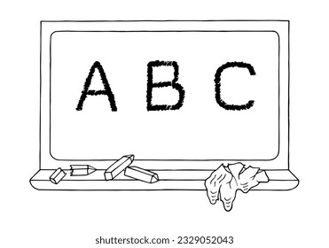 ABC chalk writing on a school blackboard. Back to school. Hand Drawn. Freehand drawing. Doodle. Sketch. Outline. Coloring book.
