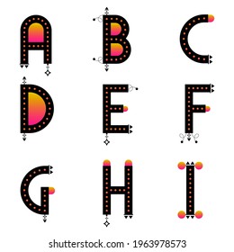 ABC Collection. Simple Geometric Black Alphabets. Ethnic Style Letters. Vector Characters Highlighted With Gradient Dots And Aztec Design Patterns. Beautiful Font Set.