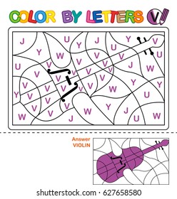 ABC Coloring Book for children. Color by letters. Learning the capital letters of the alphabet. Puzzle for children. Letter V. Violin. Preschool Education.