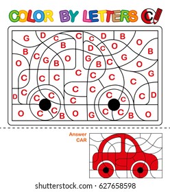 ABC Coloring Book for children. Color by letters. Learning the capital letters of the alphabet. Puzzle for children. Letter C. Car. Preschool Education.