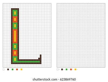 ABC coloring page. Alphabet pixel coloring with numbered squares for kids. Vector illustration