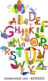 ABC. The complete childrens english alphabet spelt out with different fun cartoon animals and toys. Alphabet design in a colorful style.