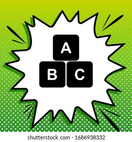 ABC cube sign illustration. Black Icon on white popart Splash at green background with white spots. Illustration.