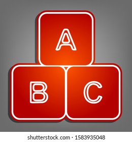 ABC cube sign illustration. Flat red icon with linear white icon with gray shadow at grayish background. Illustration.