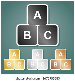 ABC cube sign illustration. Set of metallic Icons with gray, gold, silver and bronze gradient with white contour and shadow at viridan background. Illustration.