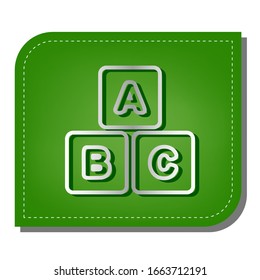 ABC cube sign illustration. Silver gradient line icon with dark green shadow at ecological patched green leaf. Illustration.
