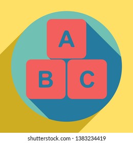ABC cube sign illustration. Sunset orange icon with llapis lazuli shadow inside medium aquamarine circle with different goldenrod shadow at royal yellow background.